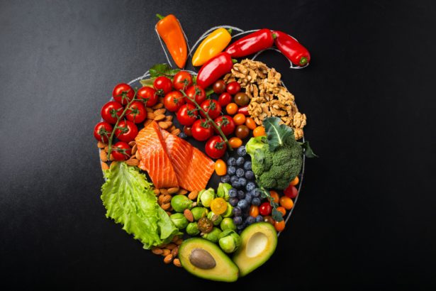 Healthy food arrangement in realistic heart shape, diet for heart and cardiovascular system