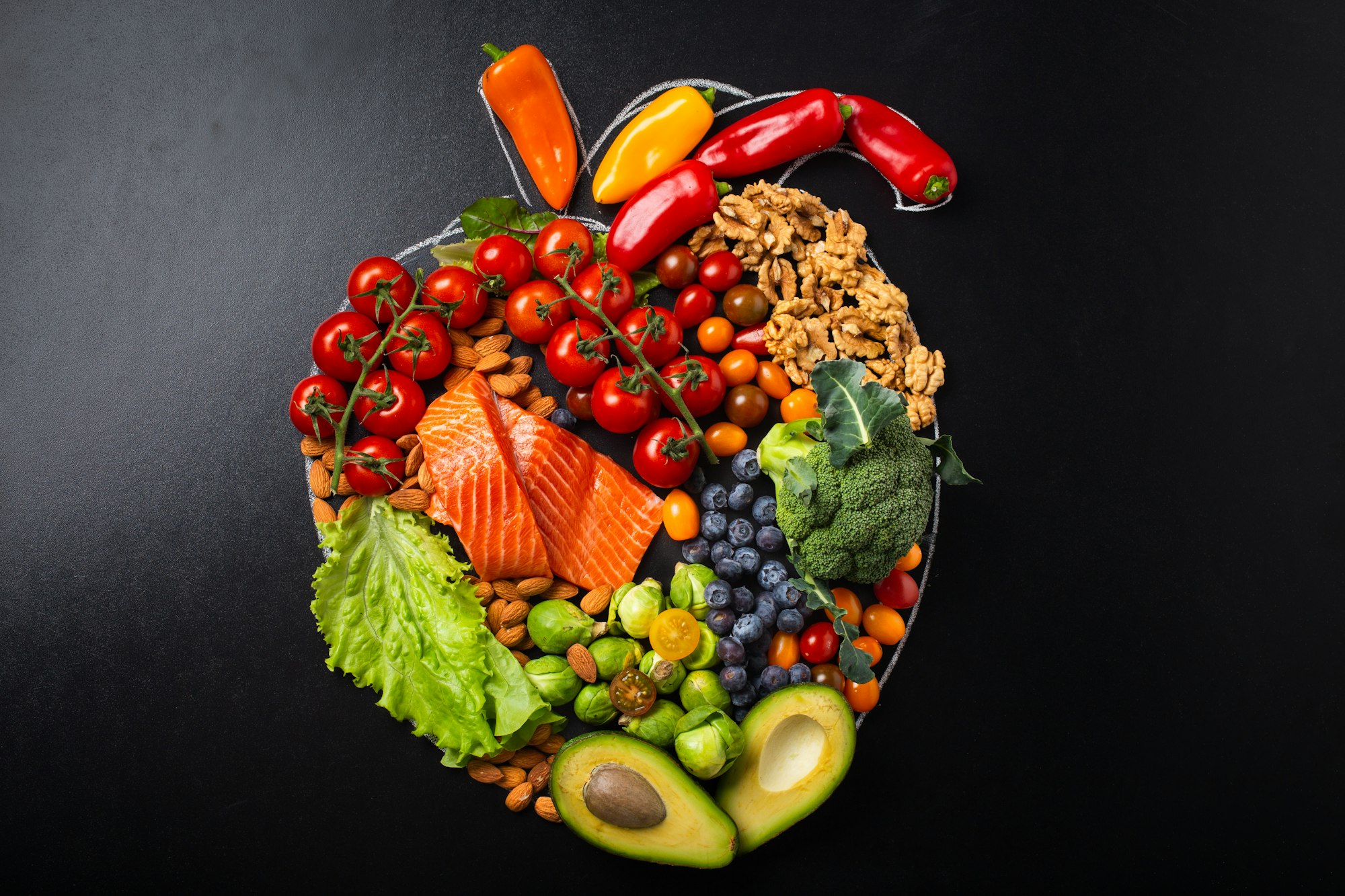 Healthy food arrangement in realistic heart shape, diet for heart and cardiovascular system